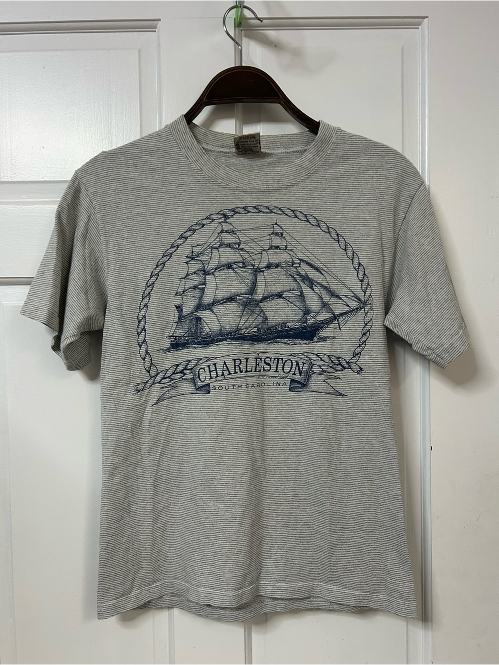 Vintage Charleston Crewneck Tee - Light Gray with Navy Ship Graphic